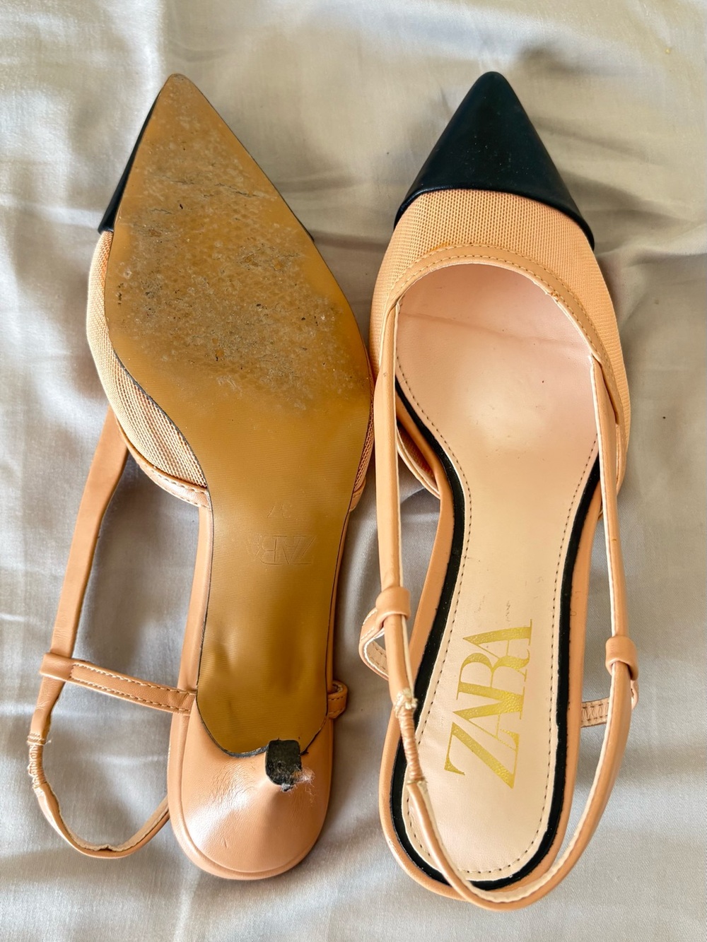 ZARA Black and Peach Pointed Toe Slingback Heels